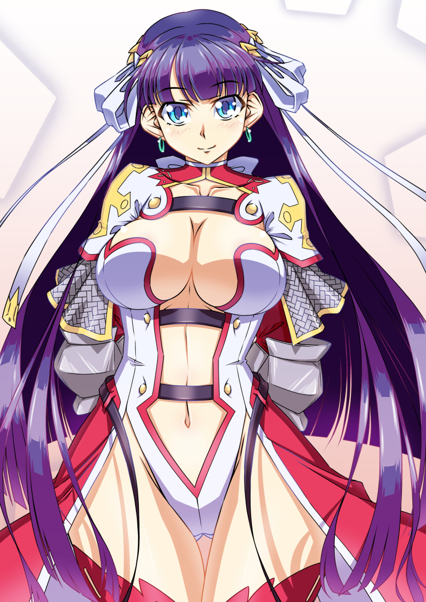 1girl, blue_eyes, blunt_bangs, breasts, center_opening, cleavage, earrings, fate/grand_order