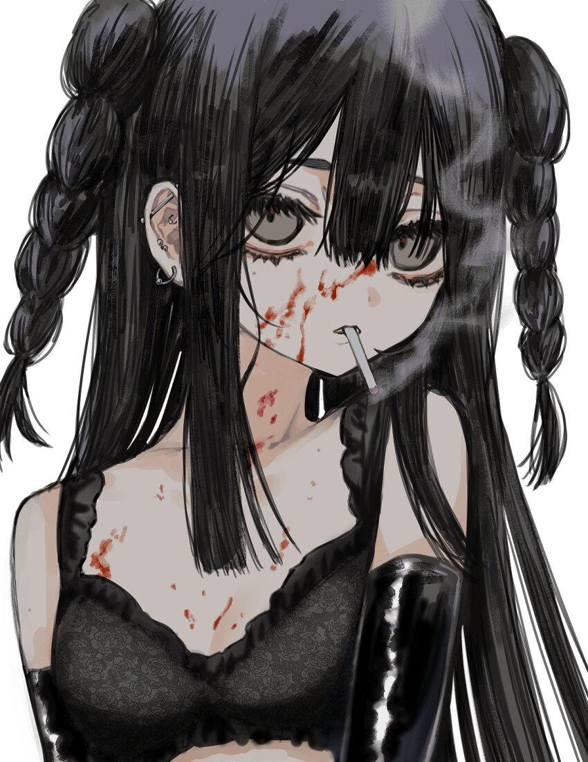 1girl, black_bra, black_hair, blood, blood_on_face, bra, braid, breasts, cigarette, ear_piercing, elbow_gloves, gloves, grey_eyes, hair_between_eyes, highres, latex, latex_gloves, long_hair, looking_at_viewer, mole, mole_under_eye, mouth_hold, original, piercing, sidelocks, simple_background, small_breasts, smoke, smoking, solo, taezuodoru_0, twin_braids, underwear, upper_body, white_background