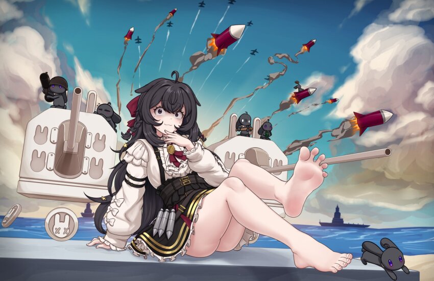 1girl, ahoge, animal_ears, ass, barefoot, black_dress, black_hair, bow, braid, commentary, dress, efreezerarts, english_commentary, feet, foot_focus, frills, highres, legs, long_hair, long_sleeves, looking_at_viewer, official_alternate_costume, phase_connect, pipkin_pippa, pipkin_pippa_(shipkin_shippa), purple_eyes, rabbit_ears, rabbit_girl, red_ribbon, ribbon, sitting, soles, solo, toes, virtual_youtuber