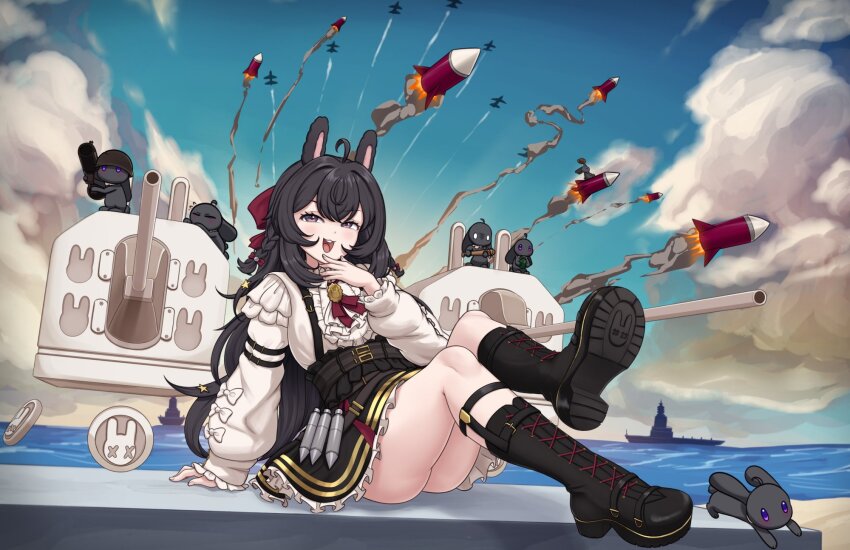 1girl, ahoge, animal_ears, black_boots, black_dress, black_hair, boots, bow, braid, commentary, dress, efreezerarts, english_commentary, feet, frills, highres, lace-up_boots, long_hair, long_sleeves, looking_at_viewer, official_alternate_costume, phase_connect, pipkin_pippa, pipkin_pippa_(shipkin_shippa), purple_eyes, rabbit_ears, rabbit_girl, red_ribbon, ribbon, shoe_soles, solo, virtual_youtuber