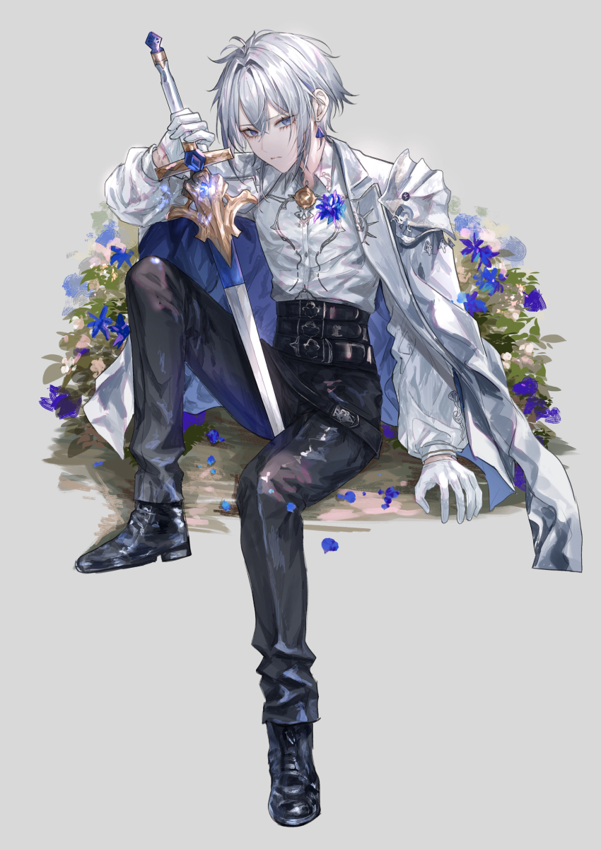 1boy, absurdres, asano_(kazusasn), bishounen, black_footwear, black_pantyhose, blue_eyes, blue_flower