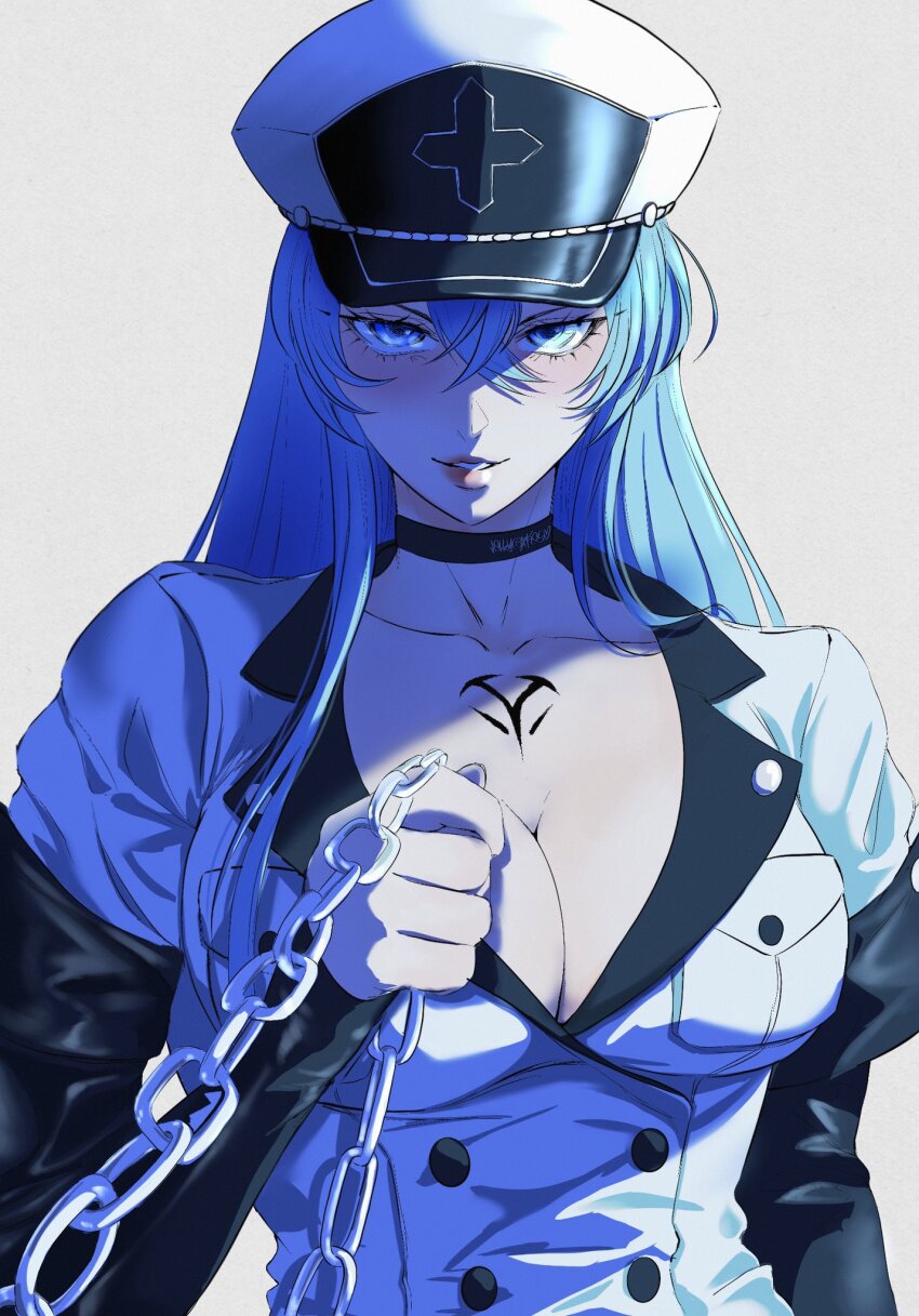 1girl, akame_ga_kill!, blue_eyes, blue_hair, blush, breasts, chain, chain_leash, chest_tattoo, choker, cleavage, commission, esdeath, femdom, hair_between_eyes, hat, highres, holding, holding_leash, jellycaaakes, large_breasts, leash, long_hair, long_sleeves, looking_at_viewer, military, military_uniform, no_bra, peaked_cap, pov, sadism, shaded_face, shadow, smile, solo, tattoo, viewer_on_leash
