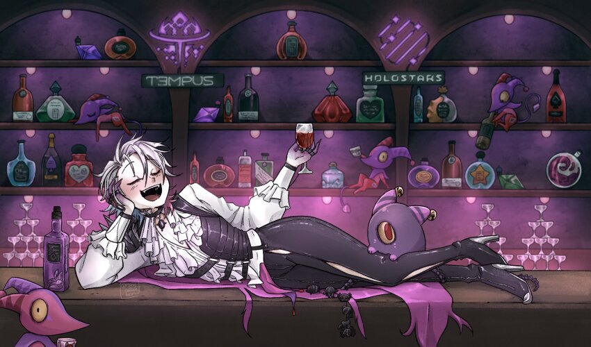 1boy, alcohol, androgynous, bar_(place), bell, bettelion_(gavis_bettel), black_choker, black_hair
