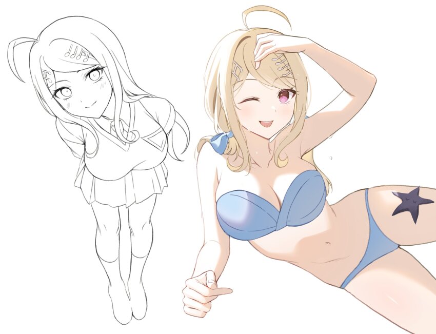 1girl, ;d, ahoge, akamatsu_kaede, bare_arms, bare_shoulders, bikini, blue_bikini
