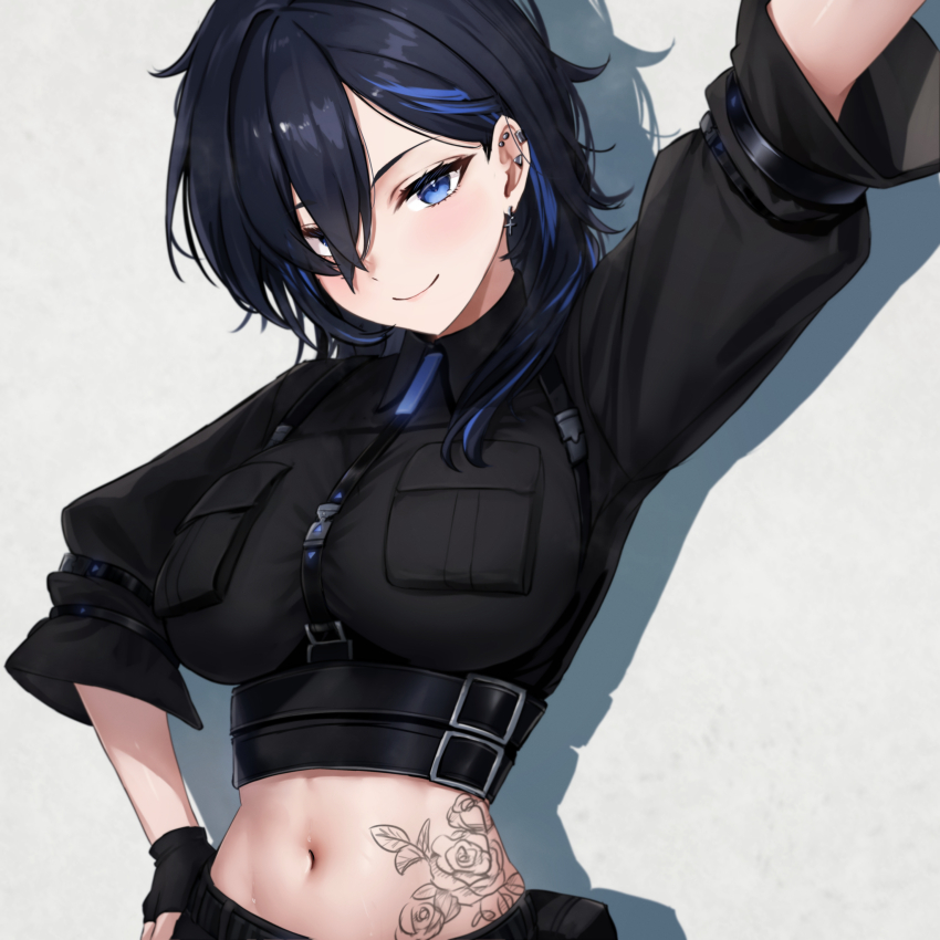 1girl, absurdres, arm_belt, arm_up, ayase_yuu, ayase_yuu_(1st_costume), belt, black_belt