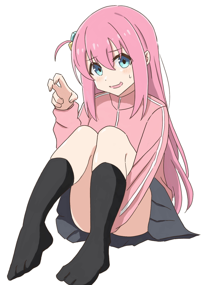 1girl, black_socks, blue_eyes, blush, bocchi_the_rock!, cube_hair_ornament, gotoh_hitori, hair_ornament