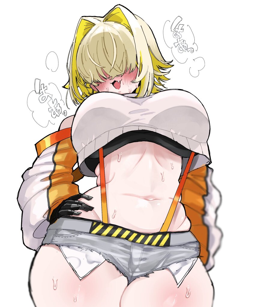 1girl, blonde_hair, breasts, crop_top, crop_top_overhang, curvy, denim, denim_shorts, elegg_(nikke), facing_viewer, fang, goddess_of_victory:_nikke, grey_shorts, hair_intakes, hair_over_eyes, hand_on_own_hip, highres, large_breasts, long_sleeves, micro_shorts, open_mouth, short_hair, short_shorts, shorts, simple_background, solo, stomach, sweat, uniofthedead, white_background, wide_hips