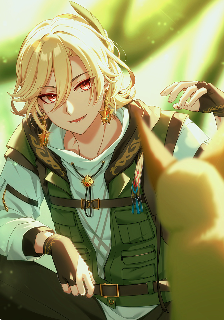 1boy, absurdres, alternate_costume, black_gloves, black_hood, black_pants, blonde_hair, earrings