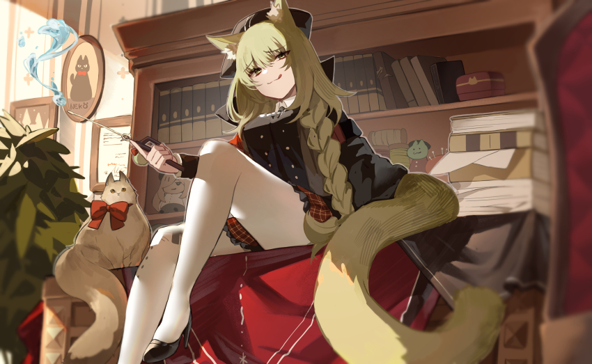 1girl, :q, animal_ear_fluff, animal_ears, arknights, black_headwear, black_jacket, book