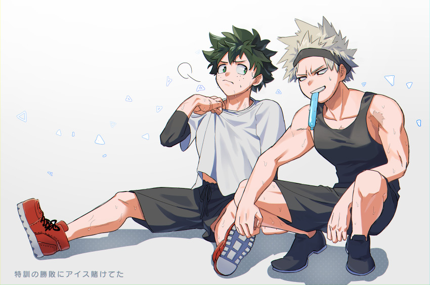 2boys, 3:, absurdres, arm_on_thigh, arm_rest, bakugou_katsuki, bangs_pinned_back, bare_arms