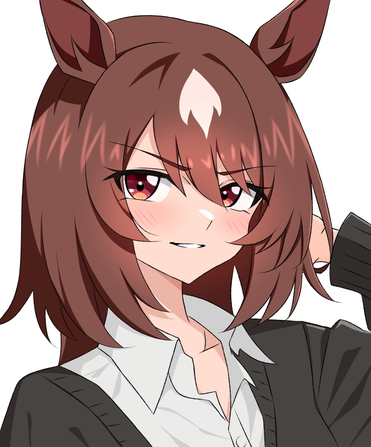 1girl, alternate_costume, animal_ears, black_cardigan, cardigan, collared_shirt, commentary_request, grin