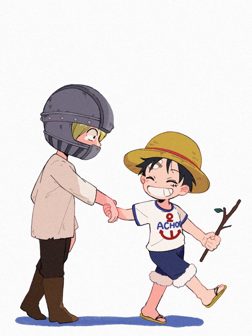 2boys, ^_^, aged_down, black_hair, black_pants, blonde_hair, boots, branch, brown_footwear, child, closed_eyes, crying, from_side, fur-trimmed_shorts, fur_trim, grin, helmet, highres, holding, holding_branch, holding_hands, injury, male_focus, monkey_d._luffy, multiple_boys, one_piece, pants, sandals, sanji_(one_piece), shirt, short_hair, short_sleeves, shorts, simple_background, smile, walking, white_background, white_shirt, yuyuyu9526