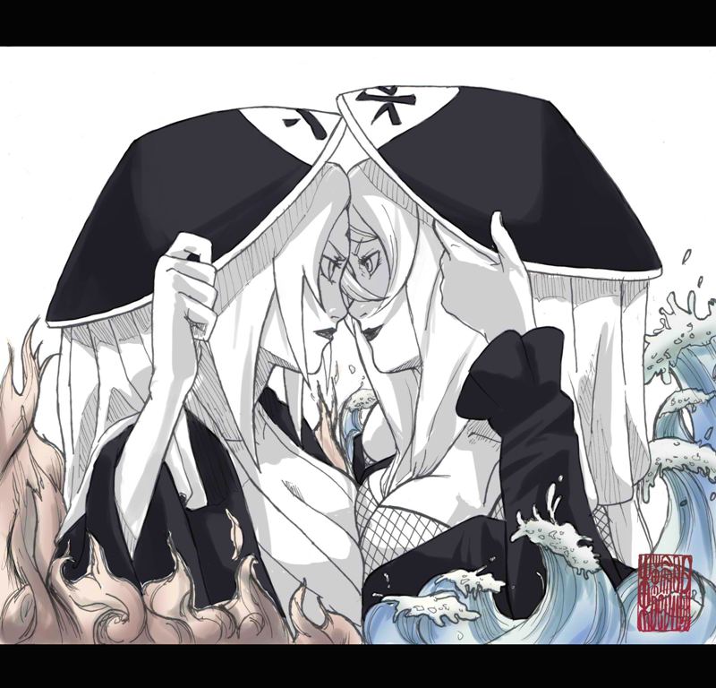 2girls, asymmetrical_docking, breast_press, breasts, cleavage, confrontation, fire, fishnets, hat, hokage_hat, large_breasts, letterboxed, lipstick, looking_at_another, makeup, mature_female, multiple_girls, naruto_(classic), naruto_(series), naruto_shippuuden, sharingandevil, symmetrical_docking, terumi_mei, tsunade_(naruto), upper_body, water