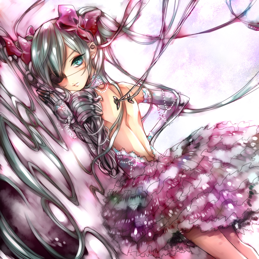 1girl, android, aqua_eyes, aqua_hair, ayaya_(wpfoal), bad_id, bad_pixiv_id, eyepatch, female_focus, hair_ribbon, hatsune_miku, long_hair, lying, mechanical_arms, on_stomach, onamae_(vocaloid), ribbon, sakamoto_kiyoshi, single_mechanical_arm, solo, twintails, very_long_hair, vocaloid