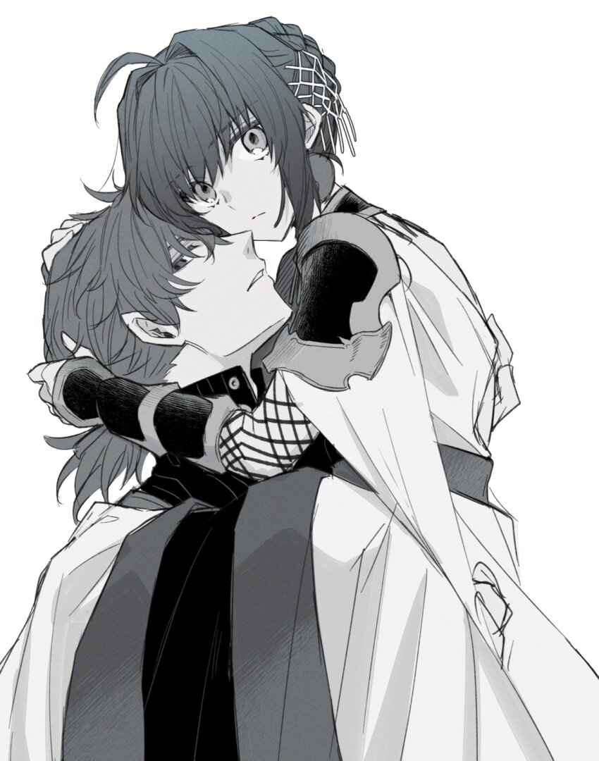 1boy, 1other, ahoge, androgynous, armor, braid, braided_bun, buttons