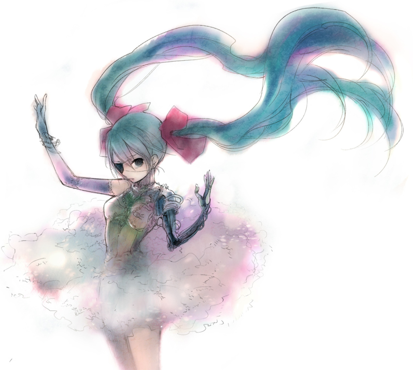 1girl, android, aqua_eyes, aqua_hair, elbow_gloves, eyepatch, female_focus, gloves, gradient_background, hair_ribbon, hatsune_miku, long_hair, mechanical_arms, onamae_(vocaloid), ribbon, simple_background, single_mechanical_arm, skirt, solo, twintails, very_long_hair, vocaloid, white_background, yokoyari_mengo