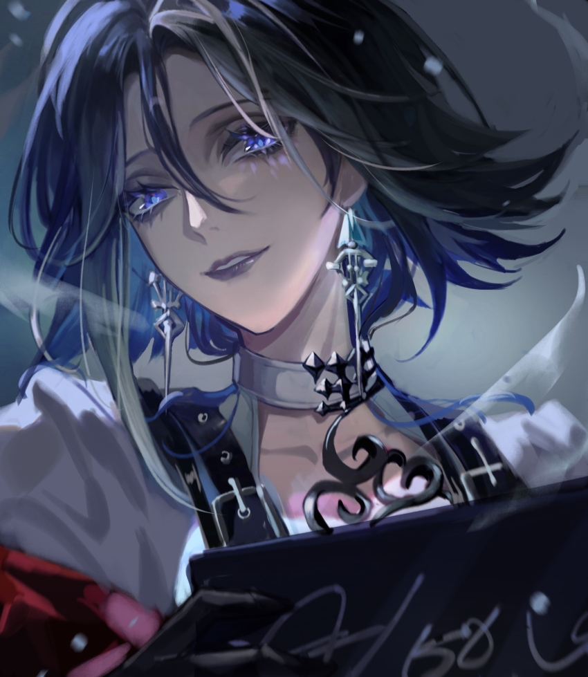 1girl, absurdres, adela_(path_to_nowhere), blue_eyes, blue_hair, card, character_name, chest_belt