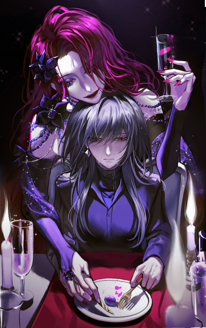 2girls, absurdres, black_eyes, black_flower, black_hair, black_shirt, bridal_gauntlets, cabernet_(path_to_nowhere), candle, candlestand, chair, champagne_flute, chief_(path_to_nowhere), collared_shirt, cup, cutlery, detached_sleeves, drinking_glass, earrings, eyeliner, female_chief_(path_to_nowhere), fingernails, floating_earrings, flower, food, forehead, fork, fruit, gold_cutlery, grapes, hair_flower, hair_ornament, hand_grab, highres, holding, holding_cup, holding_fork, holding_knife, jewelry, knife, leaning_on_person, long_hair, makeup, mole, mole_under_mouth, multiple_girls, nail_polish, nervous, on_chair, path_to_nowhere, plate, purple_eyeliner, purple_eyes, red_hair, red_lips, red_nails, sharp_fingernails, shirt, single_bare_shoulder, single_earring, sitting, smile, stain, suanliu, sweat, table_knife, tablecloth, undershirt