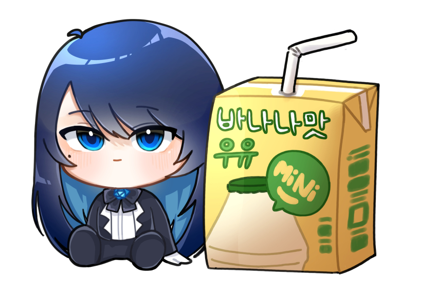 1girl, ado_(utaite), anon_(an_one_12), black_bow, black_bowtie, black_jacket, blue_eyes, blue_hair, blush, bow, bowtie, brooch, carton, chando_(ado), chibi, closed_mouth, cloud_nine_inc, colored_inner_hair, commentary_request, dress_shirt, drinking_straw, flower_brooch, full_body, gloves, hair_between_eyes, highres, jacket, korean_commentary, korean_text, long_hair, long_sleeves, mini_person, mole, mole_under_eye, multicolored_hair, open_clothes, open_jacket, shirt, simple_background, sitting, solo, translation_request, utaite, white_background, white_gloves, white_shirt