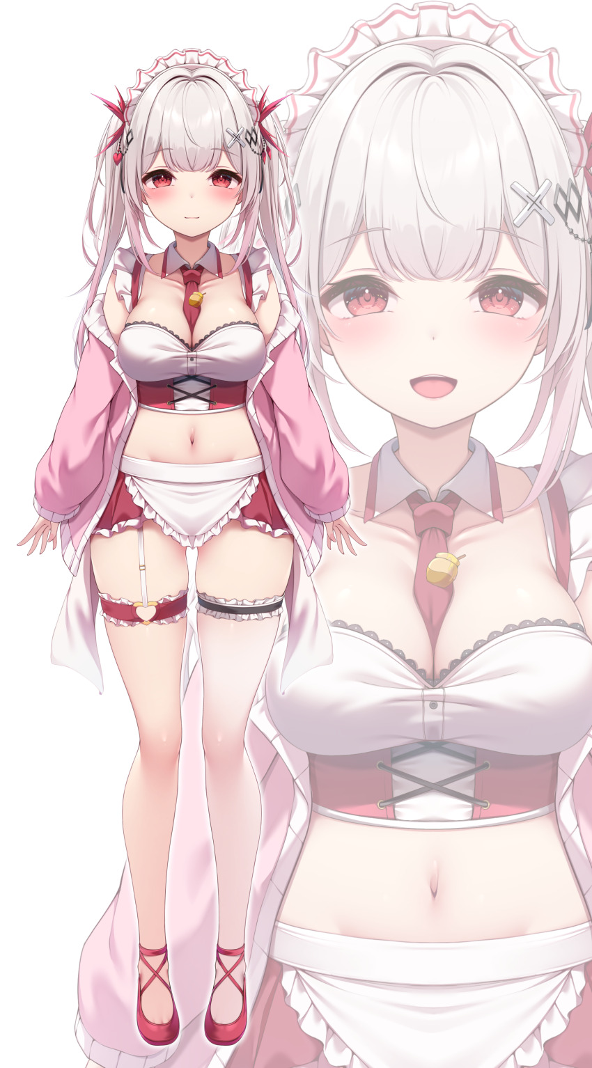 1girl, :d, absurdres, apron, between_breasts, breasts, cleavage, closed_mouth