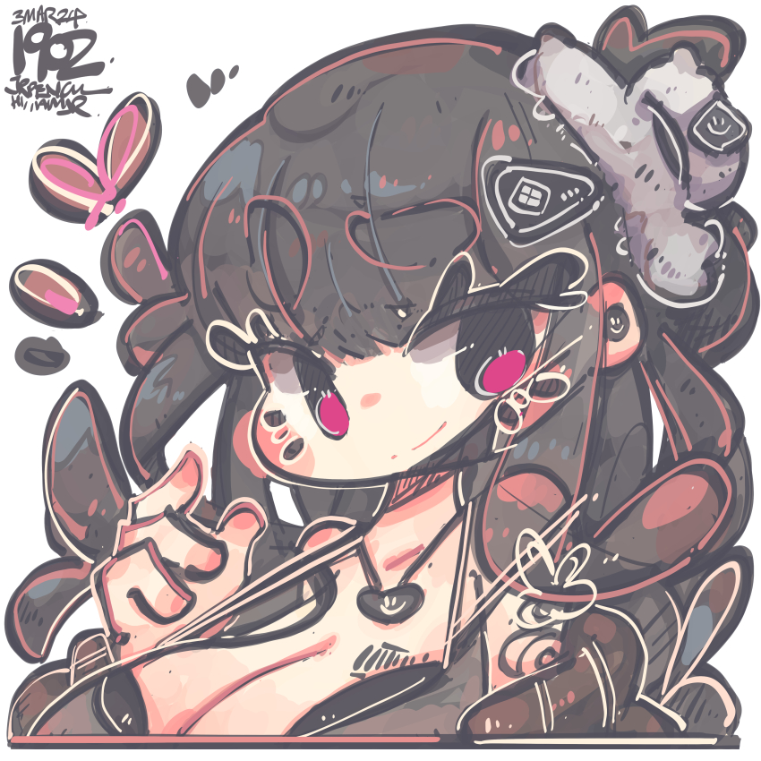 1girl, absurdres, artist_name, bikini, black_bikini, black_hair, black_jacket, blush, breasts, collarbone, d_(killer_wife)_(nikke), d_(nikke), dated, goddess_of_victory:_nikke, hair_behind_ear, halterneck, herat, highres, jacket, jrpencil, large_breasts, long_hair, looking_to_the_side, off_shoulder, pink_eyes, portrait, simple_background, smile, solo, swimsuit, white_background