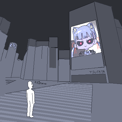 1boy, 1girl, :o, ^_^, ^q^, billboard, black_sclera, black_sleeves