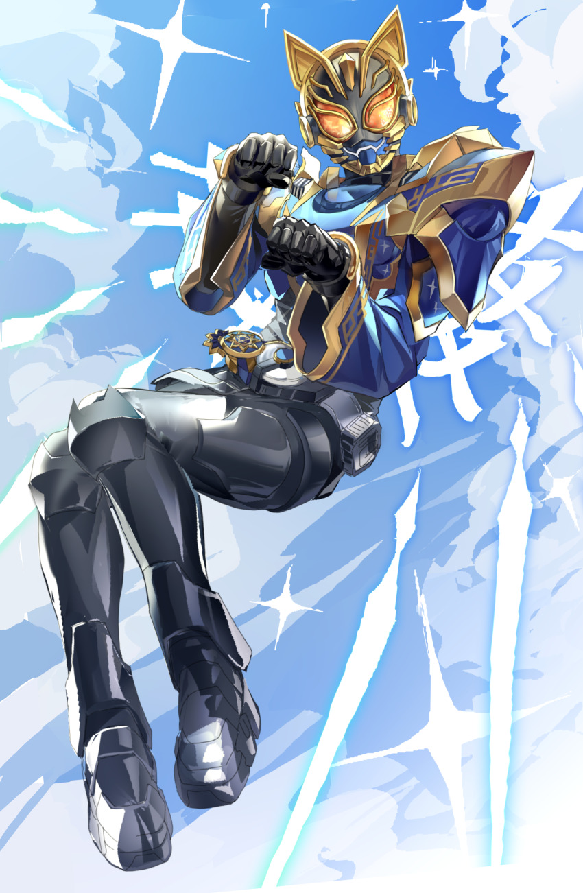 1girl, absurdres, animal_ears, armor, belt, belt_buckle, black_bodysuit, bodysuit, buckle, cat_ears, cloud, energy, feimao_(angelcat), helmet, highres, kamen_rider, kamen_rider_geats_(series), kamen_rider_na-go, kamen_rider_na-go_(fantasy_form), looking_at_viewer, paw_pose, power_armor, sparkle