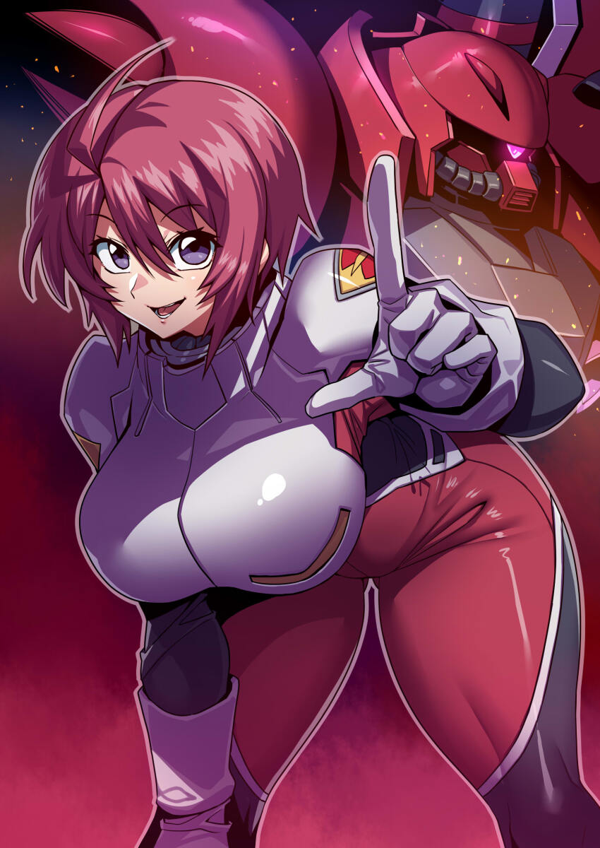 1girl, breasts, gundam, gundam_seed, gundam_seed_destiny, highres, large_breasts, lunamaria_hawke, mecha, mecha_pilot_suit, military_uniform, mobile_suit, normal_suit_(gundam), open_mouth, pilot_suit, pink_hair, purple_eyes, red_background, robot, short_hair, smile, tukiwani, zaku_warrior_lunamaria_custom
