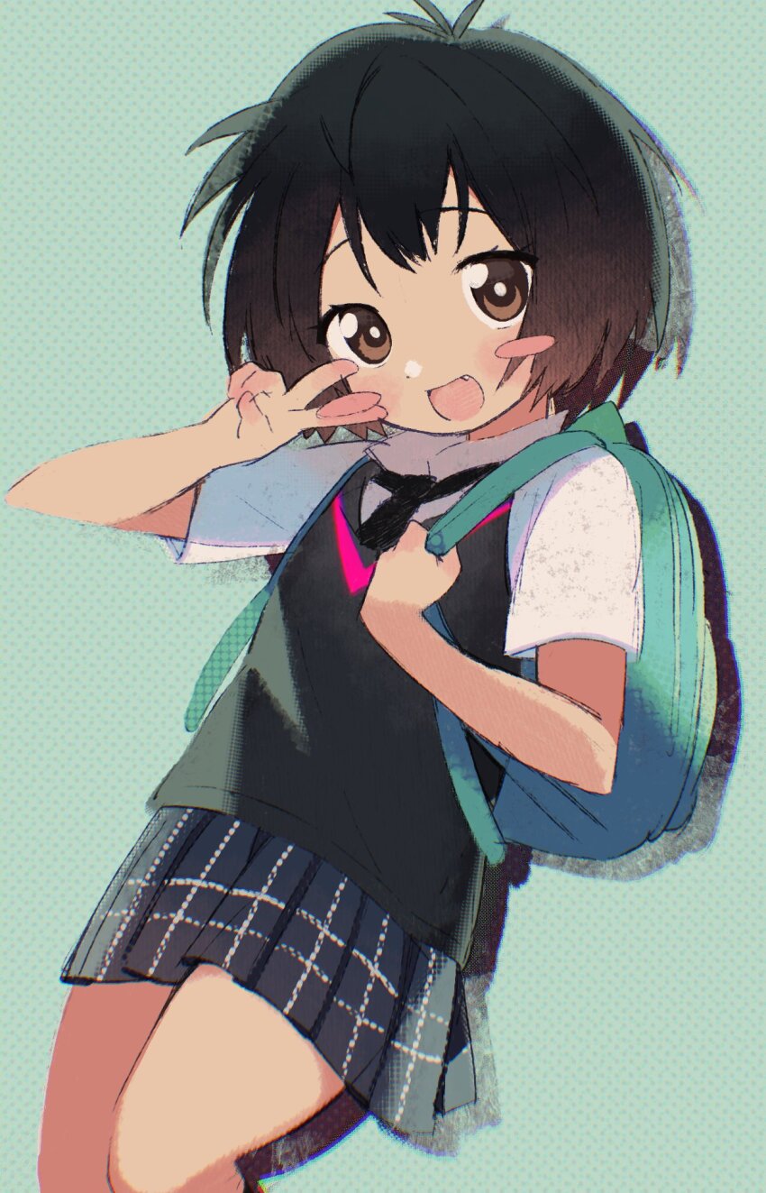 1girl, backpack, bag, black_hair, black_sweater_vest, blue_background, blush_stickers, bob_cut