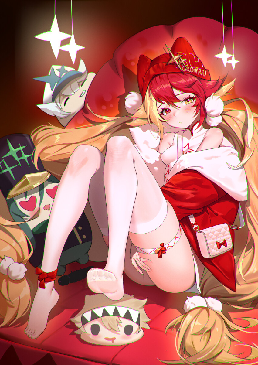 1girl, absurdres, alchemy_stars, bag, blonde_hair, blush, breasts, ceiling_light