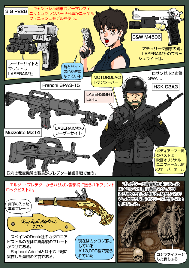 1boy, 1girl, alien, alien_(series), assault_rifle, bone, bulletproof_vest, bullpup, carbine, crossover, dual-mode_shotgun, english_text, franchi, gun, h&amp;k_g36, handgun, heckler_&amp;_koch, helmet, japanese_text, leona_cantrell, military, military_uniform, miquelet_lock, monster, musket, muta_koji, muzzelite, muzzelite_mz14, predator_(series), predator_2, pump-action_shotgun, rifle, s&amp;w_model_4506, semi-automatic_shotgun, shotgun, sig_p220/p226, sig_sauer, skull, smith_&amp;_wesson, space_monster, spas-15, story_time_(muta_koji), sturm, _ruger_&amp;_co., translation_request, vest, weapon, weapon_focus, weapon_name, weapon_profile, xenomorph