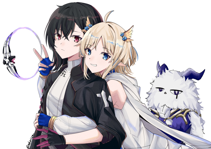2girls, absurdres, animal, black_gloves, black_hair, black_jacket, blonde_hair, blue_gloves