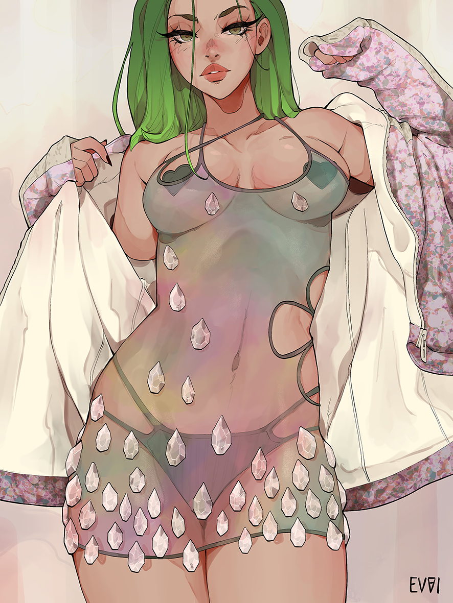 1girl, artist_logo, black_nails, black_panties, breasts, commentary, cowboy_shot, dress