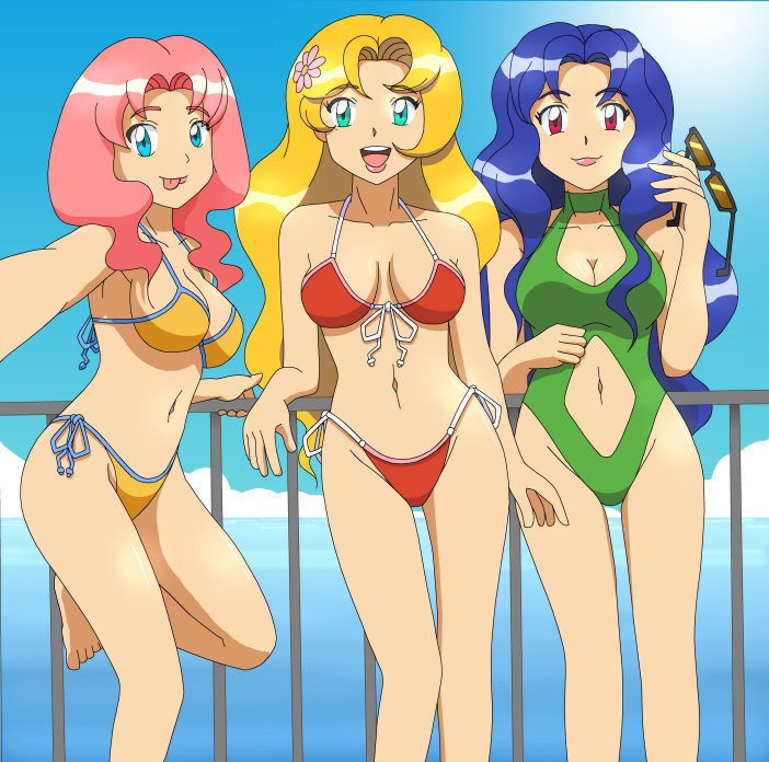 3girls, bikini, blonde_hair, blue_eyes, blue_hair, daisy_(pokemon), dark_blue_hair, flower