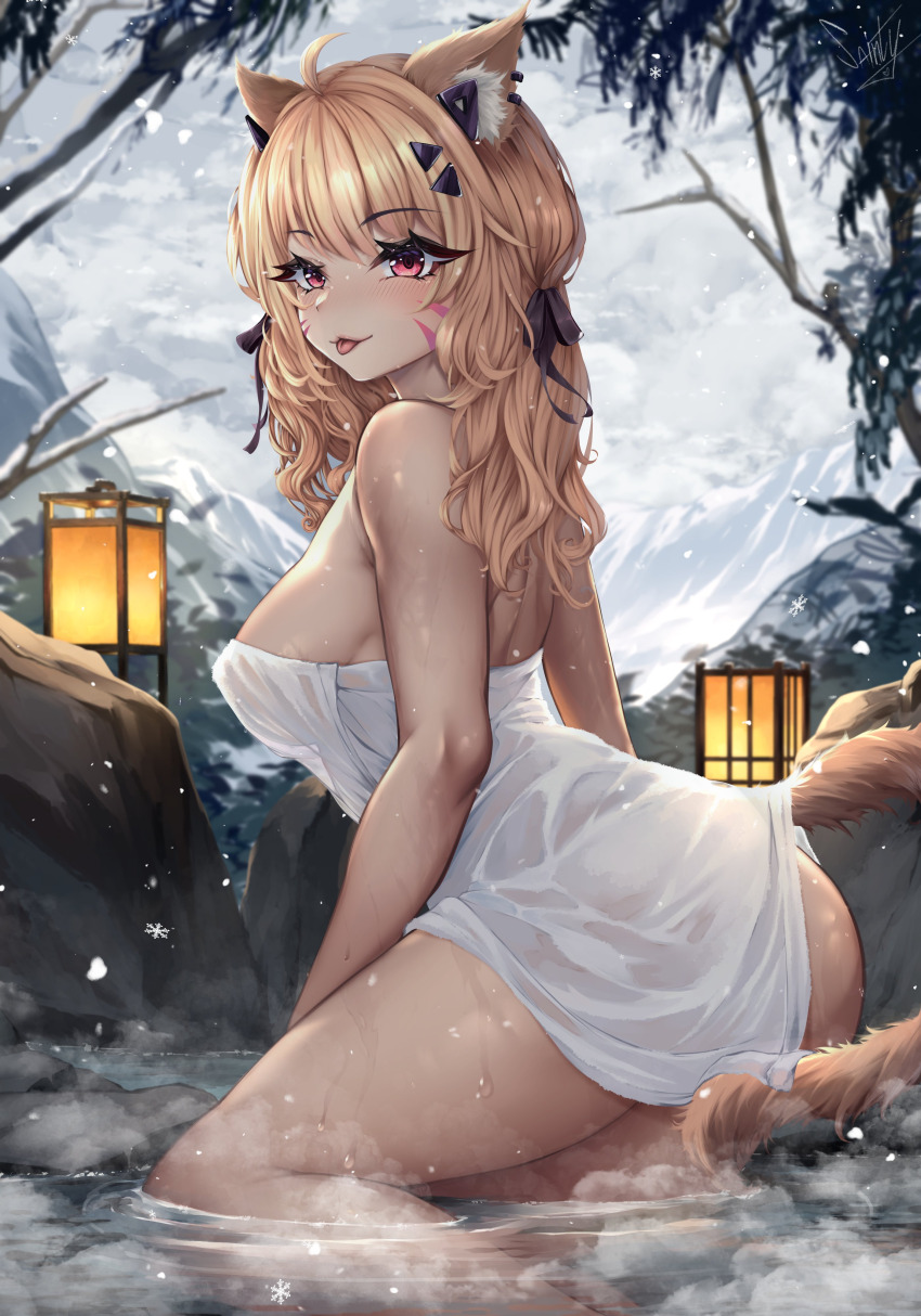 1girl, :p, absurdres, animal_ear_fluff, animal_ears, ass, blonde_hair, breasts