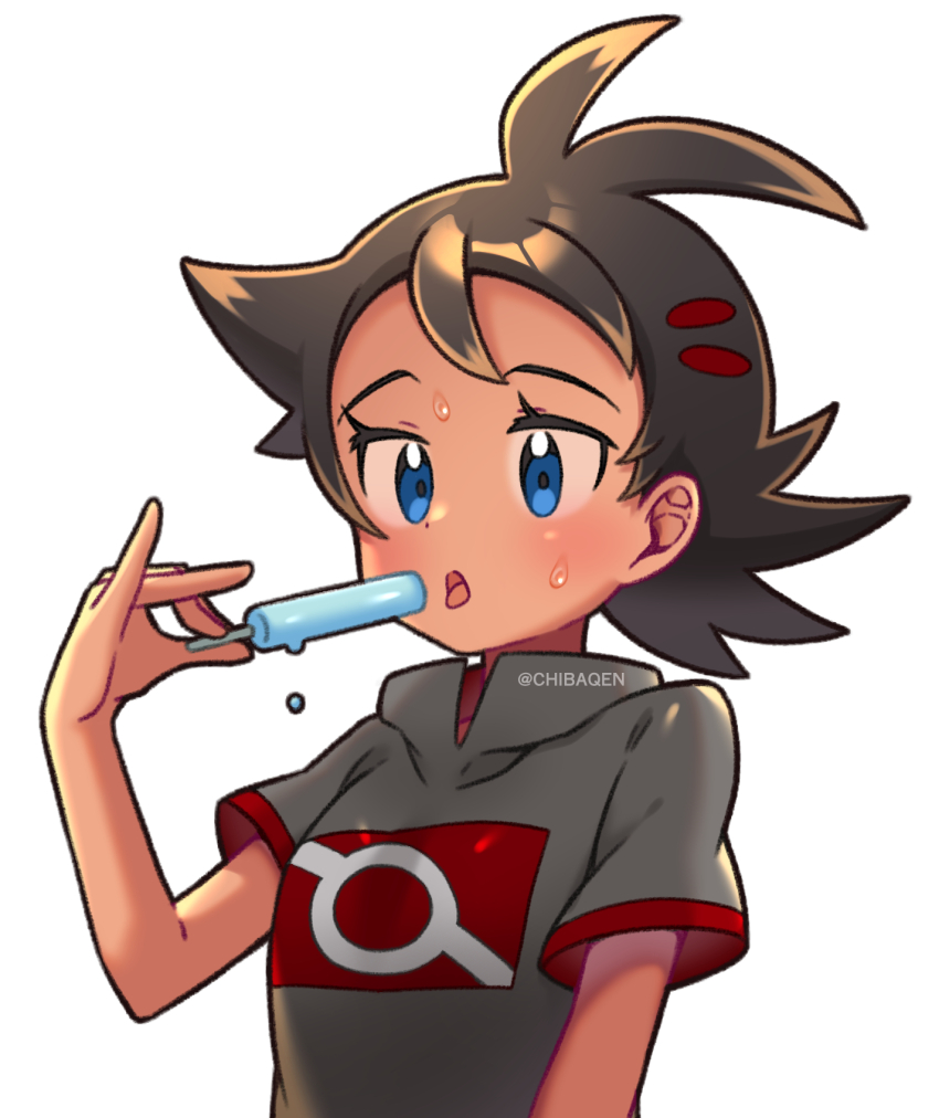 1boy, :o, blue_eyes, blush, chibaqen, eyelashes, food, goh_(pokemon)