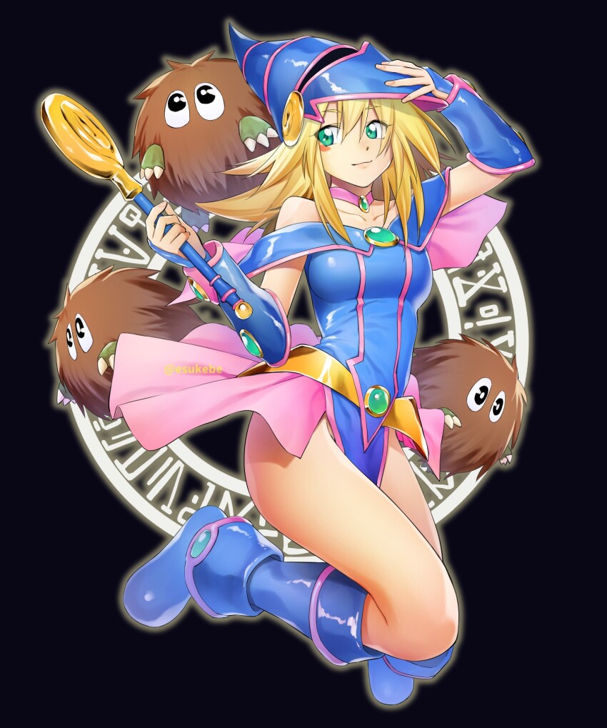 1girl, bare_shoulders, blonde_hair, blue_footwear, blue_headwear, boots, breasts, dark_magician_girl