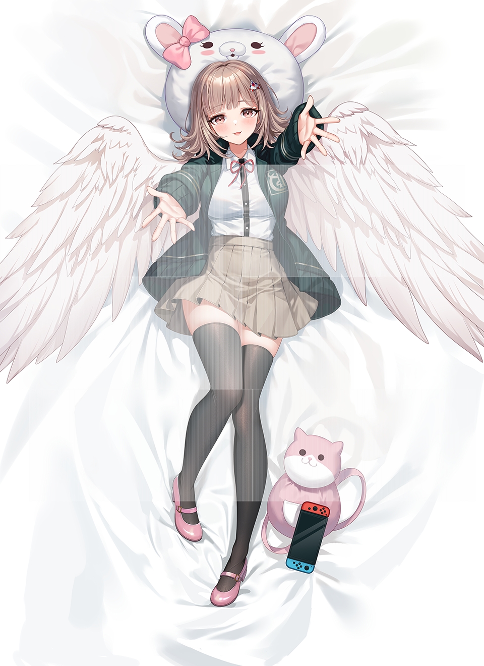1girl, 71150521_(user_agrk2888), angel_wings, animal_bag, arms_up, bag, bed_sheet, black_thighhighs, bow, breasts, brown_skirt, cat_bag, commentary_request, dakimakura_(medium), danganronpa_(series), danganronpa_2:_goodbye_despair, dress_shirt, ear_bow, feathered_wings, hair_ornament, highres, large_breasts, miniskirt, nanami_chiaki, neck_ribbon, outstretched_arms, pink_bag, pink_bow, pink_shoes, pleated_skirt, ribbon, shirt, shoes, skirt, solo, thighhighs, two-tone_shirt, usami_(danganronpa), wings, zettai_ryouiki