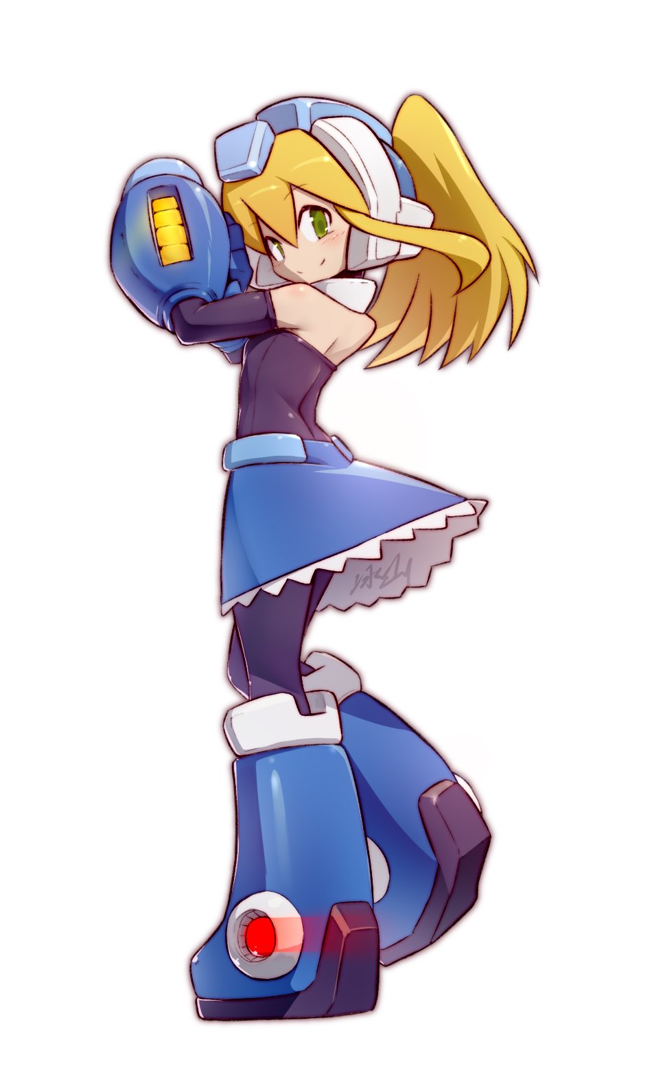 1girl, arm_cannon, bingshan, black_bodysuit, black_sleeves, blonde_hair, blue_boots, blue_skirt