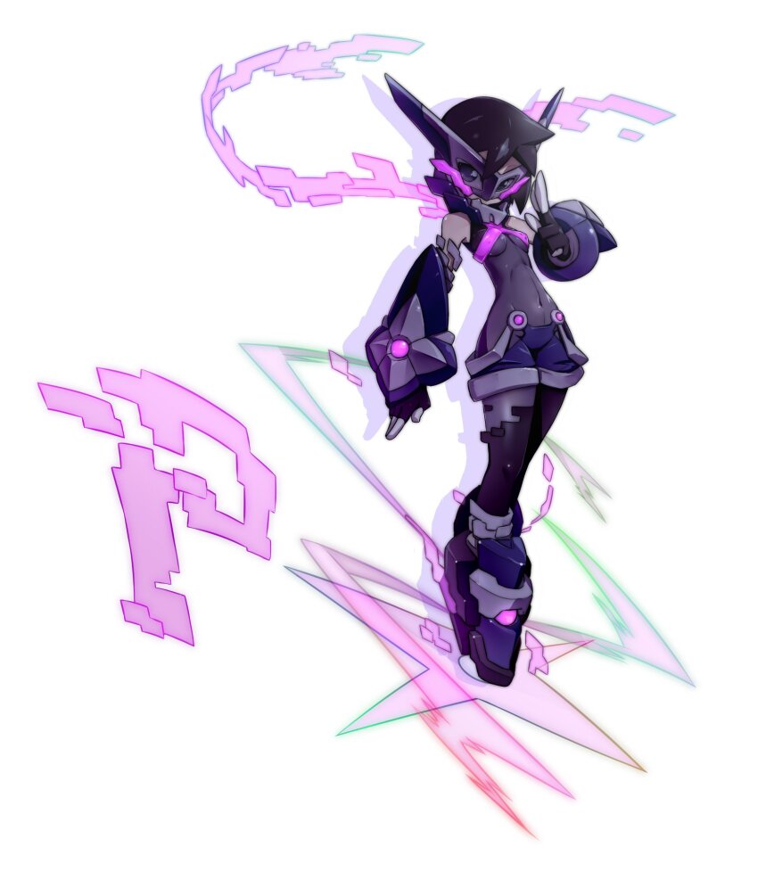 1girl, adapted_costume, aile_(mega_man_zx), bare_shoulders, bingshan, black_shorts, bodystocking, breasts, brown_hair, character_name, commentary_request, covered_erect_nipples, covered_navel, energy_blade, eye_mask, fuuma_shuriken, glowing_lines, hidden_phantom_(mega_man), highres, iridescent_clothes, kuji-in, mask, mega_man_(series), mega_man_zero_(series), mega_man_zx, model_px_(mega_man), purple_eyes, shorts, shuriken, small_breasts, solo, weapon