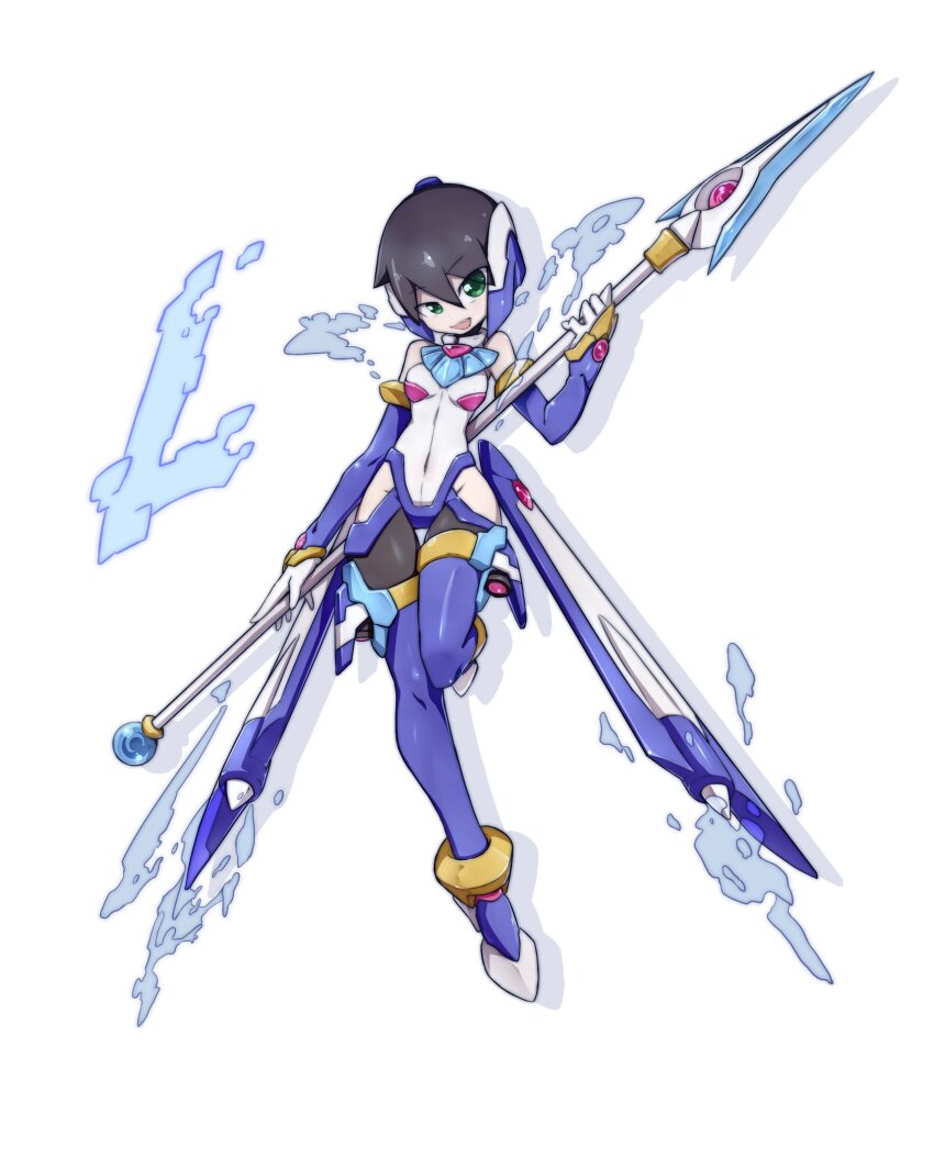 1girl, adapted_costume, aile_(mega_man_zx), bare_shoulders, bingshan, black_thighhighs, blue_footwear, blue_headwear