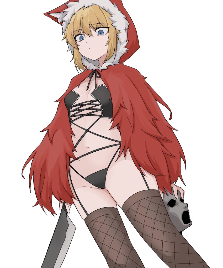 1girl, absurdres, black_souls, black_souls_2, blonde_hair, blue_eyes, breasts, cloak, closed_mouth, expressionless, feet_out_of_frame, fishnet_thighhighs, fishnets, fur-trimmed_cloak, fur_trim, highres, holding, holding_knife, jamble04126992, knife, looking_at_viewer, red_cloak, red_hood_(black_souls), revealing_clothes, severed_head, short_hair, simple_background, small_breasts, solo, thighhighs, white_background