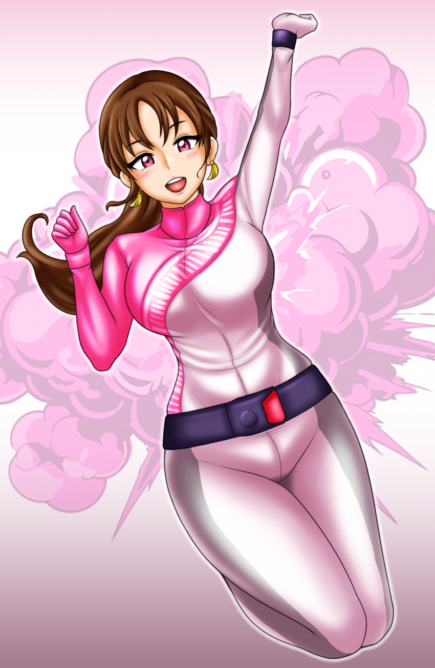 1girl, bakuage_sentai_boonboomger, bodysuit, brown_hair, bun_pink, highres, magenta_eyes, missing_headwear