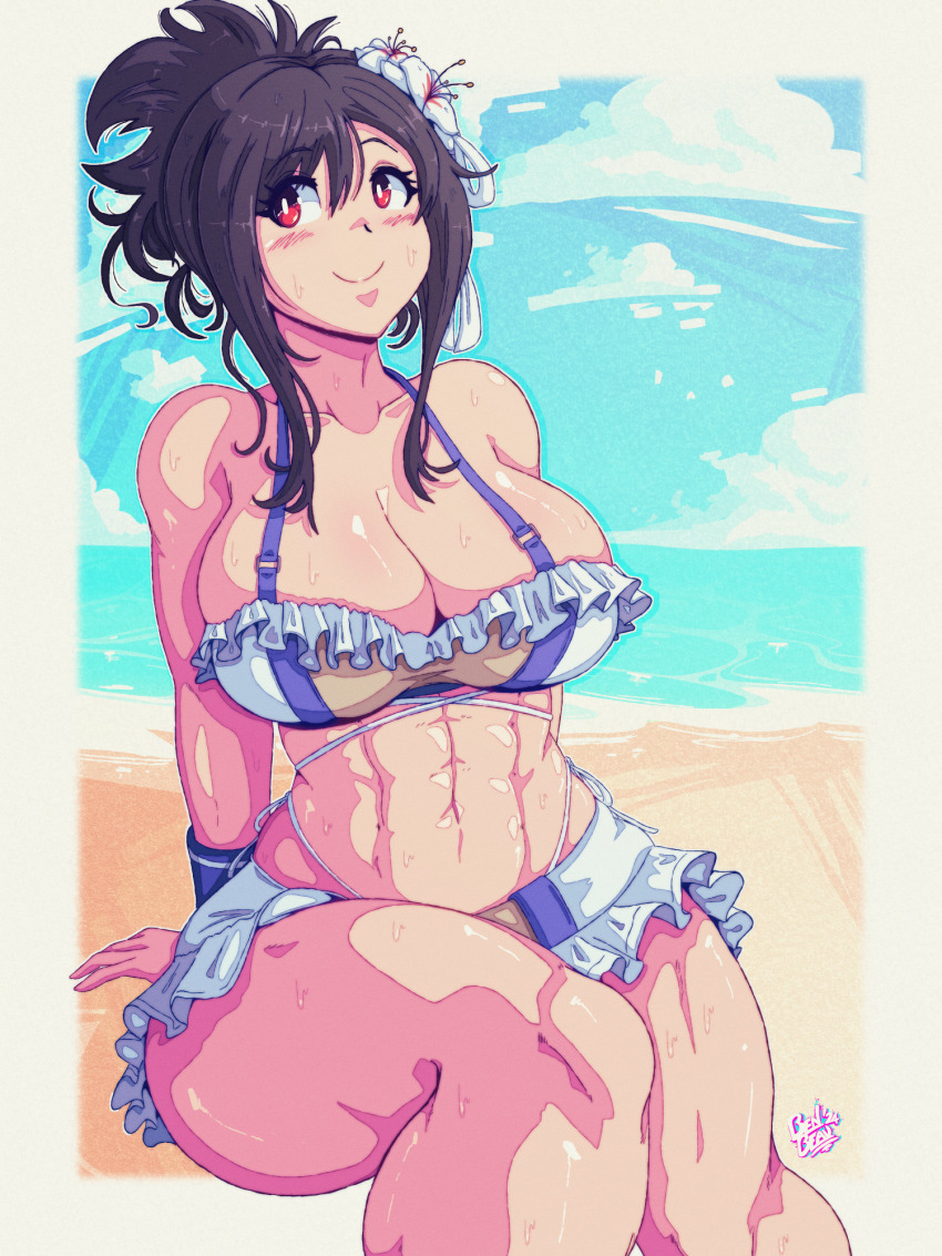 1girl, abs, artbenbeau, bare_legs, beach, benbeau, bikini, bikini_skirt