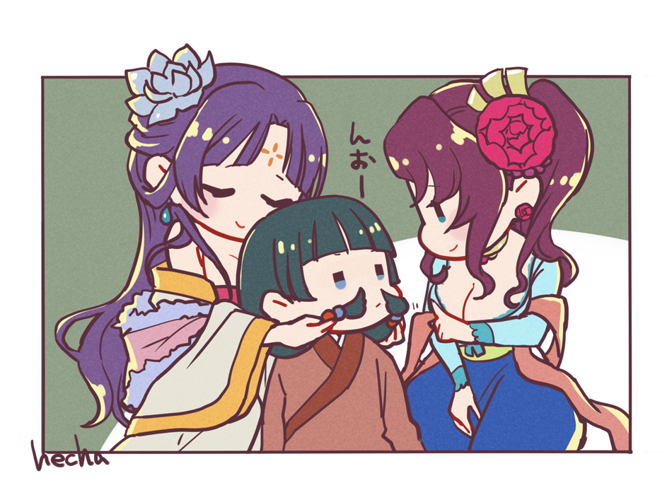 3girls, aged_down, blue_eyes, breasts, brown_hair, chibi, child, chinese_clothes