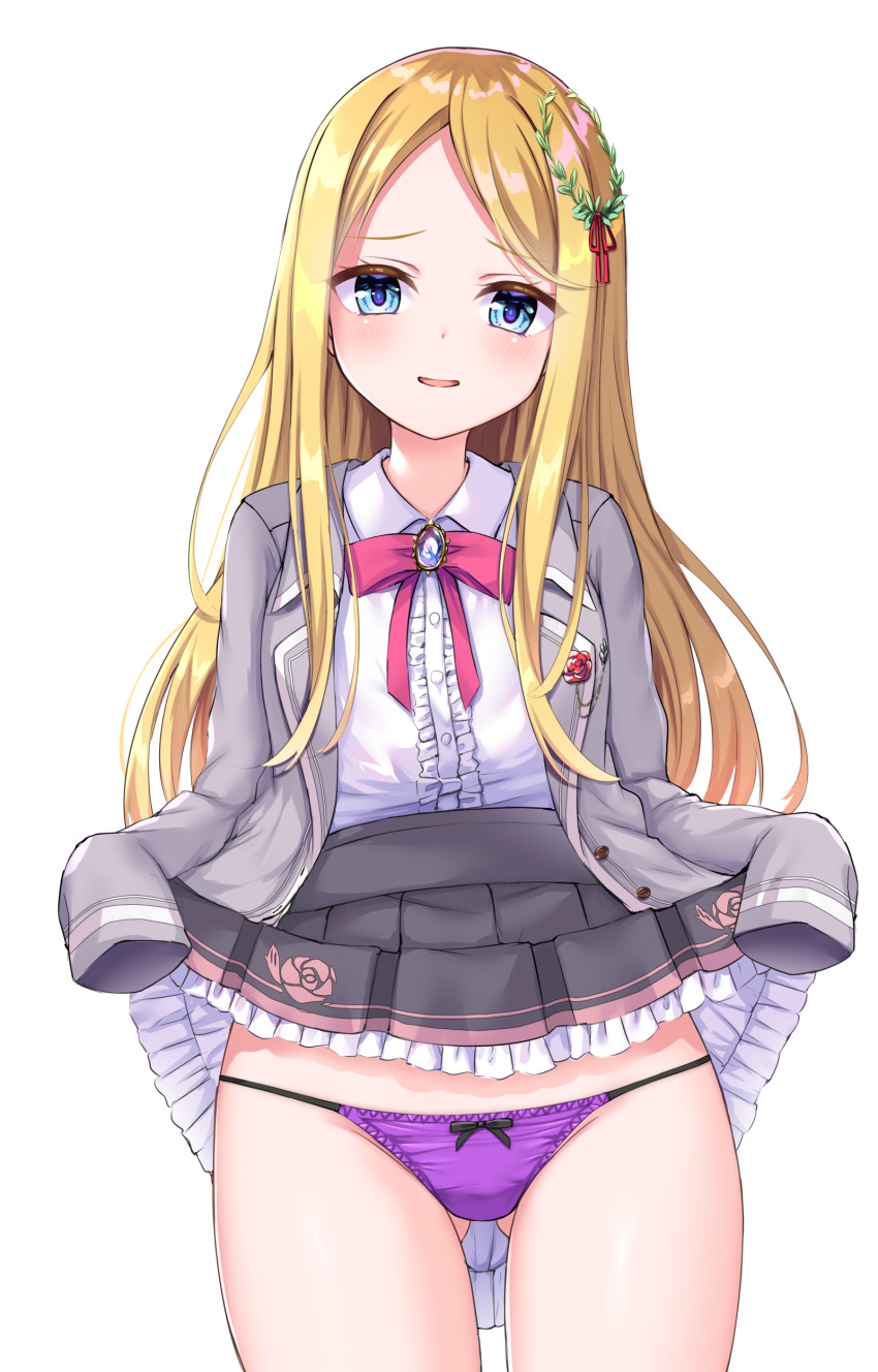 1girl, absurdres, black_skirt, blonde_hair, blue_eyes, blush, center_frills, clothes_lift, collared_shirt, colored_eyelashes, commentary_request, commission, cowboy_shot, floral_print, frilled_shirt, frilled_skirt, frills, gluteal_fold, grey_jacket, hair_ornament, hair_ribbon, high-waist_skirt, highres, hoshi_no_otome_to_rikka_no_shimai, jacket, leaf_hair_ornament, lifting_own_clothes, lingerie, long_hair, long_sleeves, looking_at_viewer, lorbeerbaum_laurier, ncontrail_(mgax7527), neck_ribbon, open_mouth, panties, parted_bangs, pleated_skirt, print_skirt, purple_panties, red_ribbon, ribbon, rose_print, school_uniform, shirt, simple_background, skeb_commission, skirt, skirt_lift, sleeves_past_fingers, sleeves_past_wrists, smile, solo, straight_hair, tsurime, underwear, variant_set, white_background, white_shirt