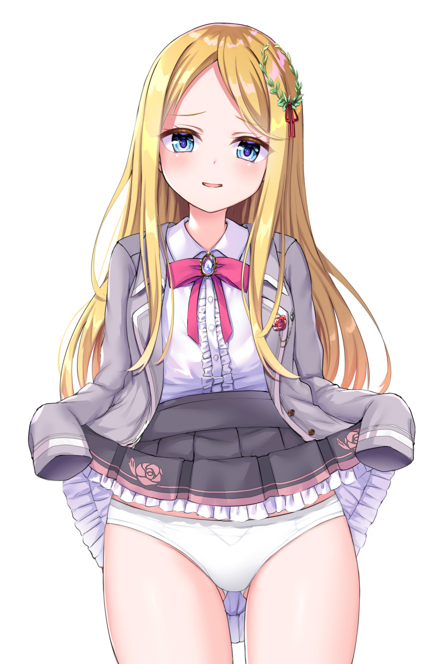 1girl, absurdres, black_skirt, blonde_hair, blue_eyes, blush, center_frills, clothes_lift