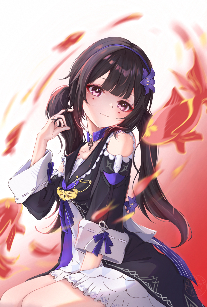 1girl, absurdres, bare_shoulders, black_dress, black_hair, choker, clothing_cutout, commentary_request