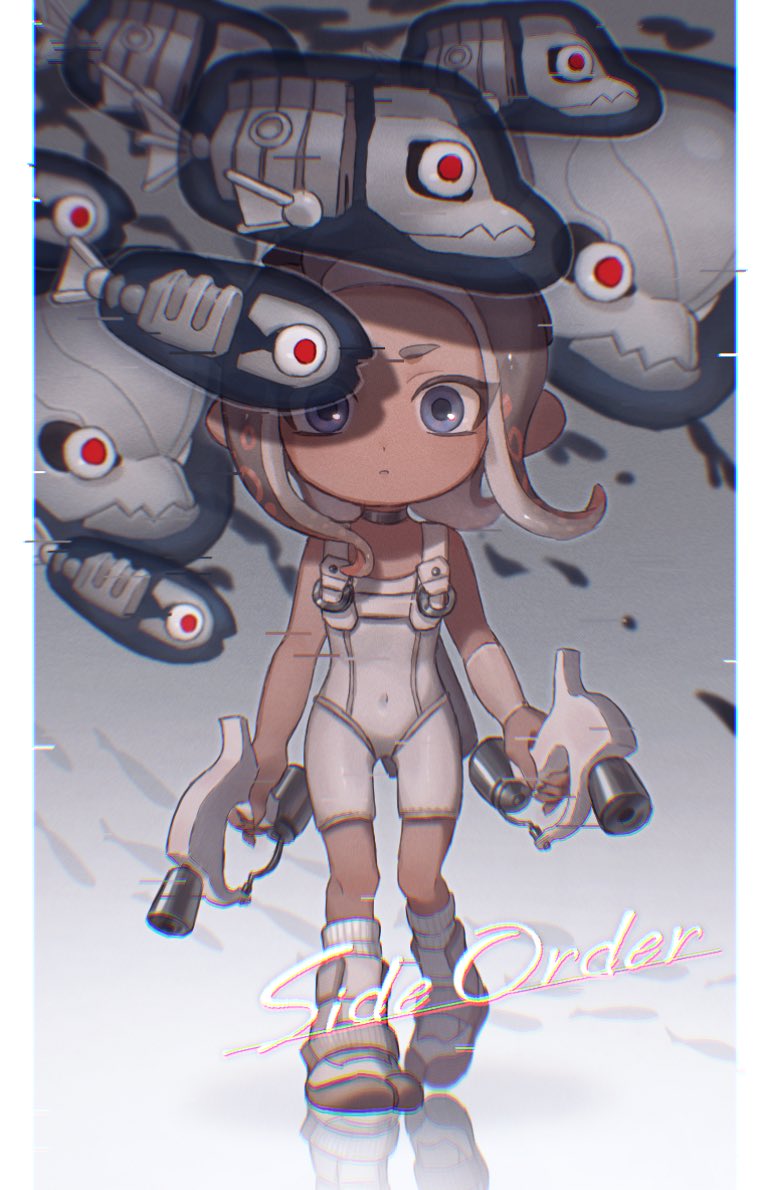 1girl, agent_8_(splatoon), battering_lento, blue_eyes, bodysuit, boots, brown_hair, choker
