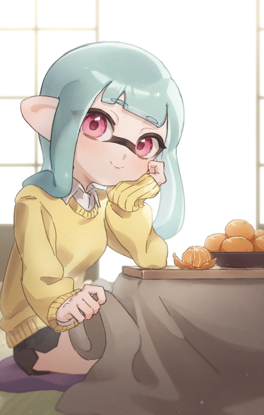1girl, black_shorts, blue_hair, blush, collared_shirt, food, fruit, head_on_hand, highres, inkling, inkling_girl, inkling_player_character, kotatsu, long_hair, looking_at_viewer, mandarin_orange, nintendo, oekaki_azu, pink_eyes, shirt, shorts, sitting, smile, solo, splatoon_(series), sweater, table, tentacle_hair, under_kotatsu, under_table, white_shirt, yellow_sweater